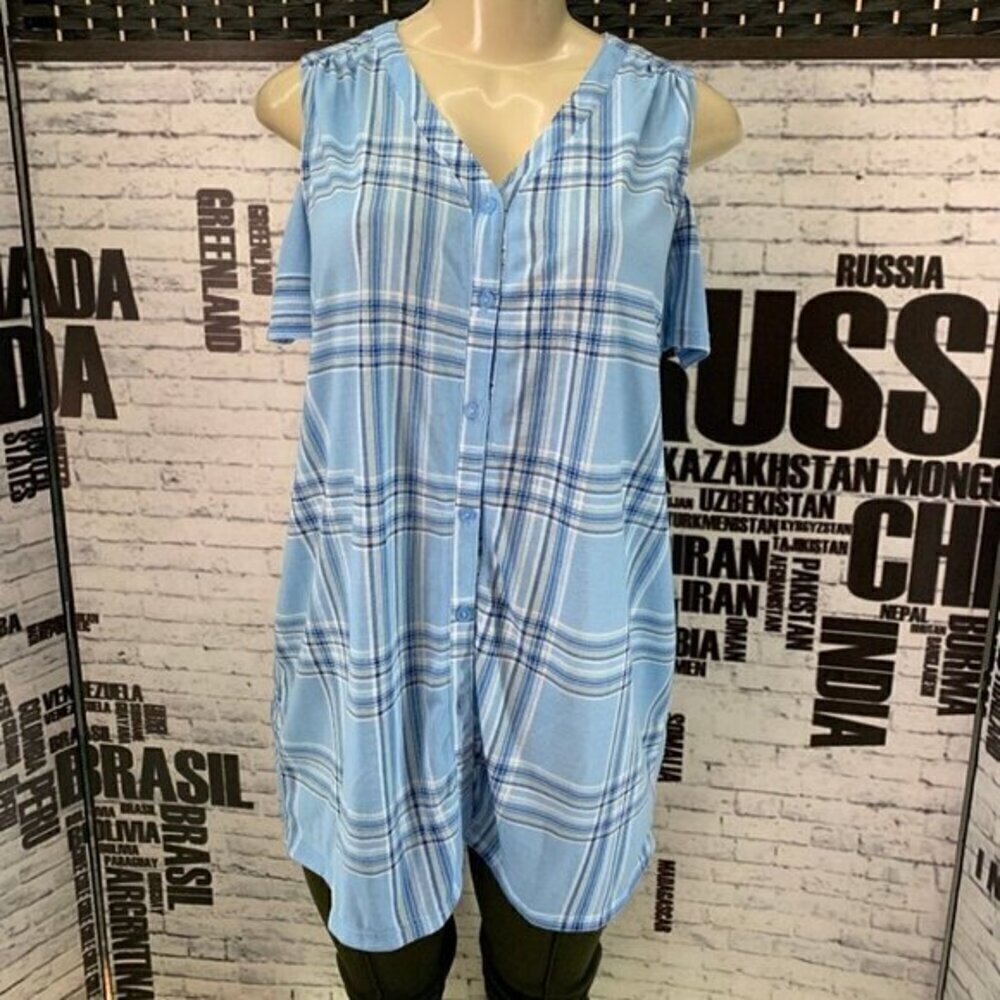 French Laundry M Blue Plaid Short Sleeve Cold Shoulder Top